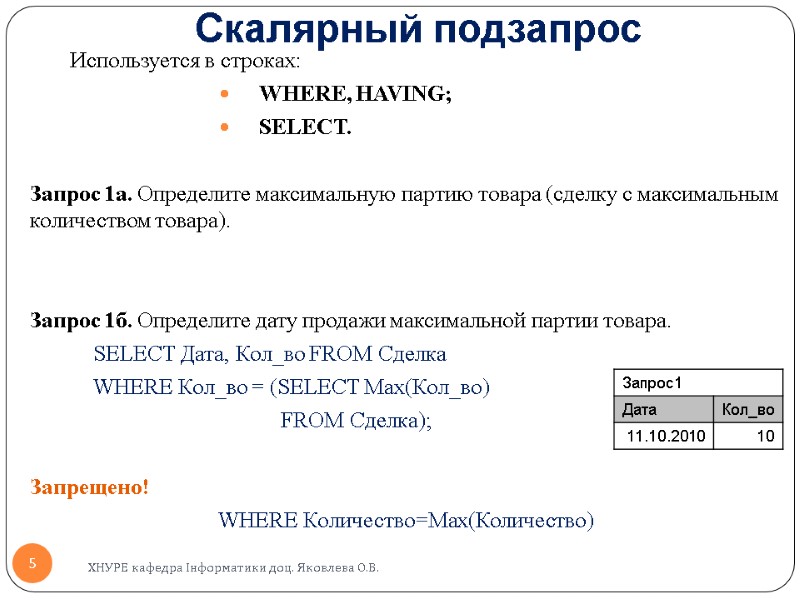 Скалярный подзапрос Используется в строках: WHERE, HAVING; SELECT.  Запрос 1a. Определите максимальную партию